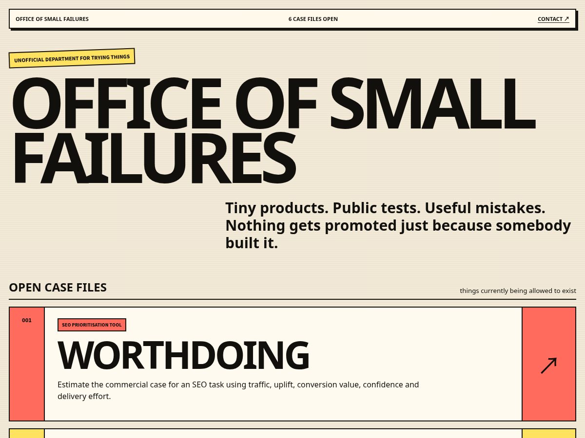 Landing-page snapshot of officeofsmallfailures.com