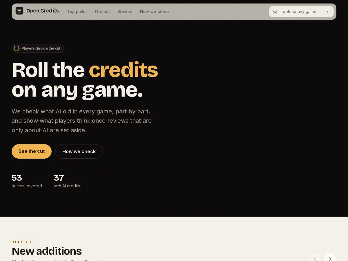 Landing-page snapshot of opencredits.games