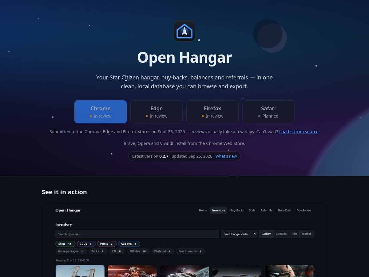Landing-page snapshot of openhangar.space