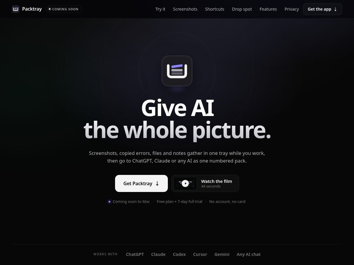 Landing-page snapshot of packtray.app