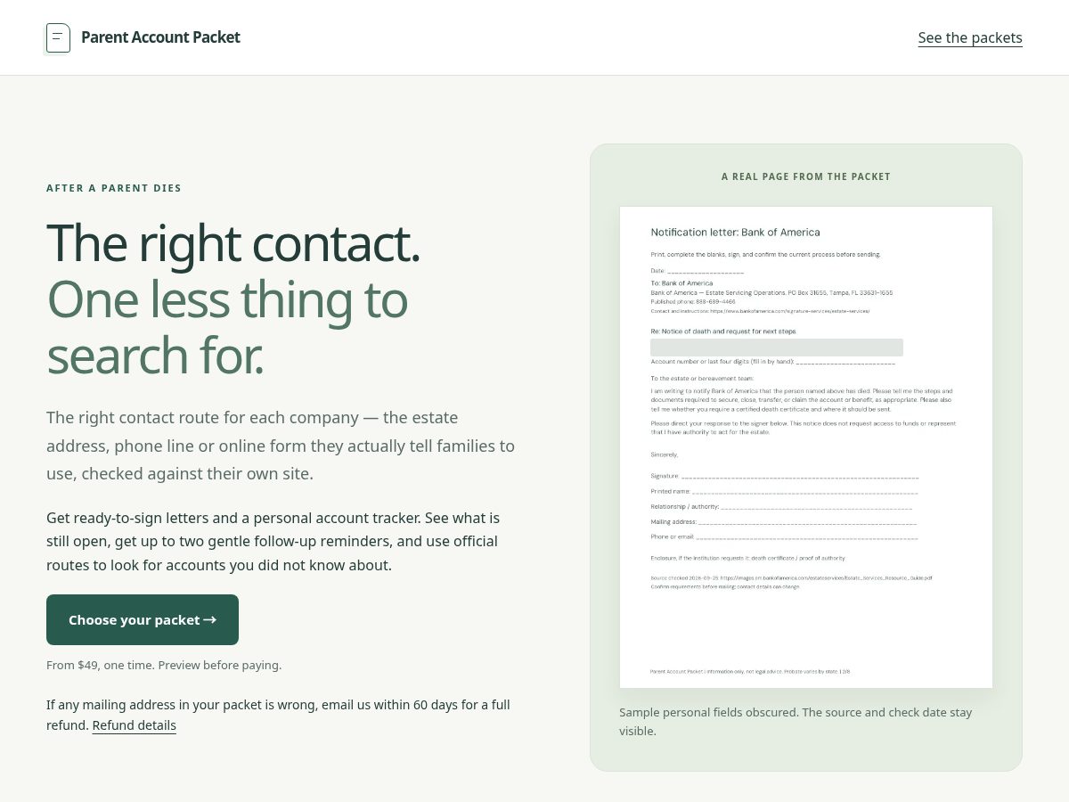Landing-page snapshot of parentaccountpacket.com