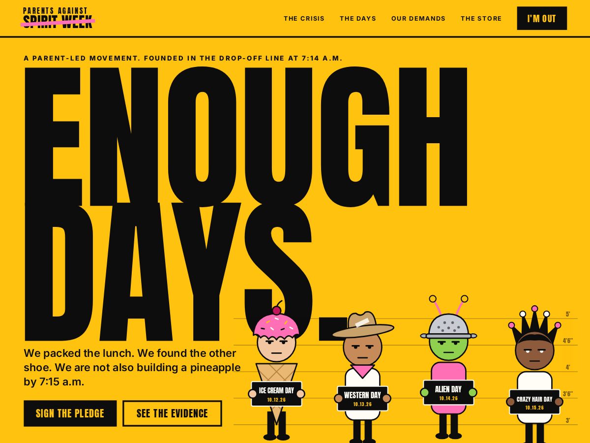 Landing-page snapshot of parentsagainstspiritweek.com