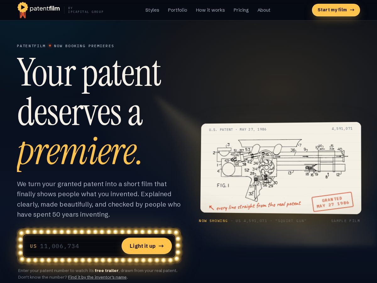 Landing-page snapshot of patentfilm.com