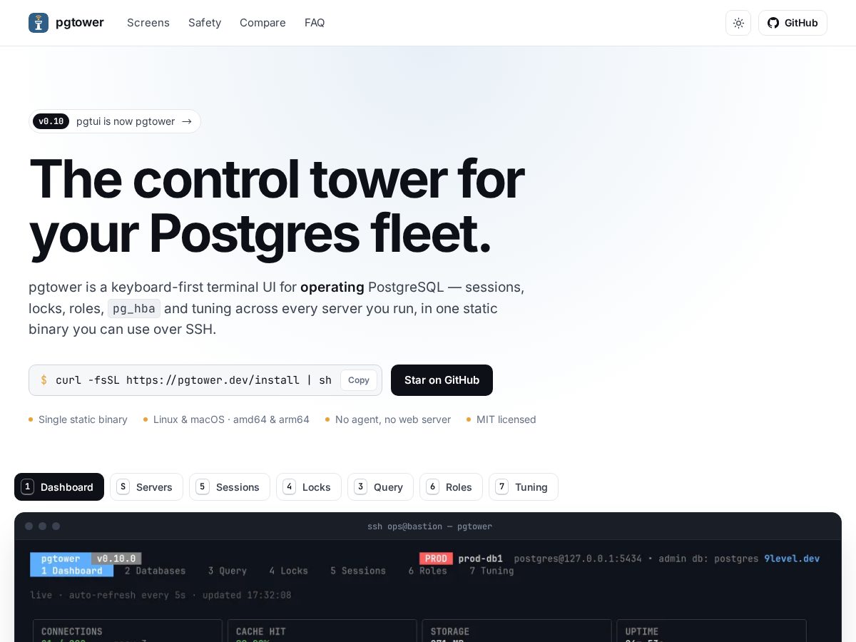Landing-page snapshot of pgtower.dev