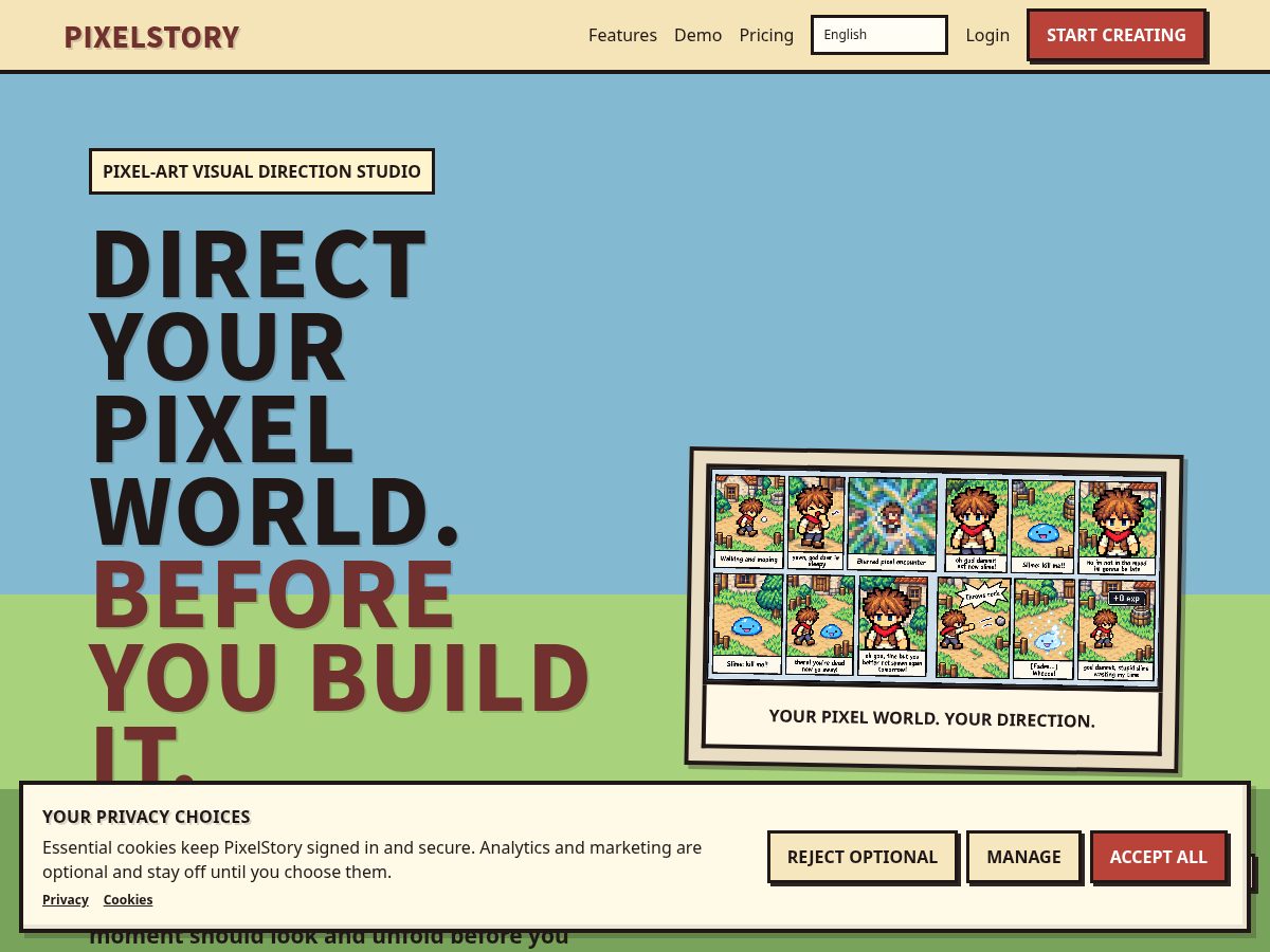 Landing-page snapshot of pixelstory.app