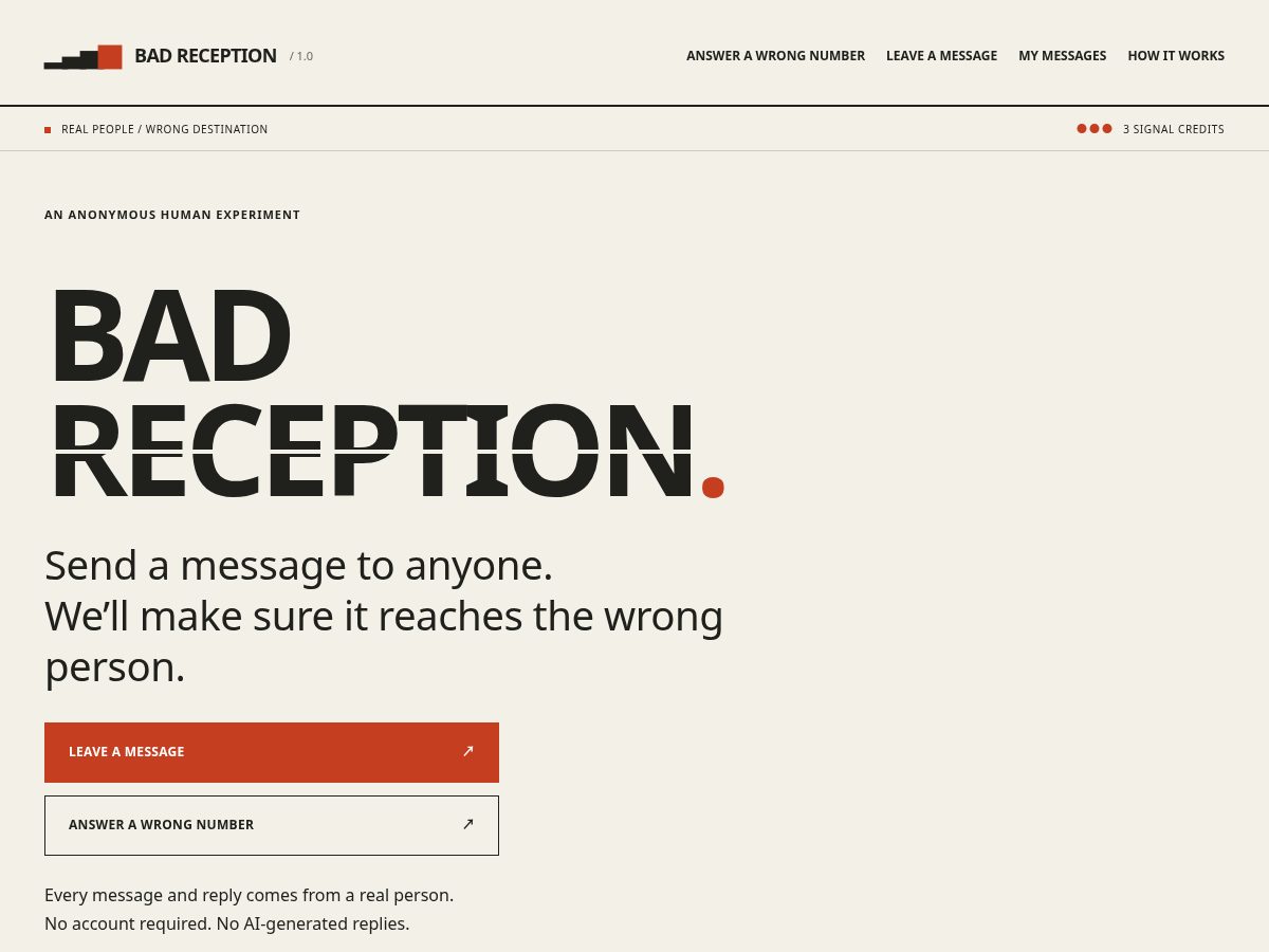 Landing-page snapshot of playbadreception.com