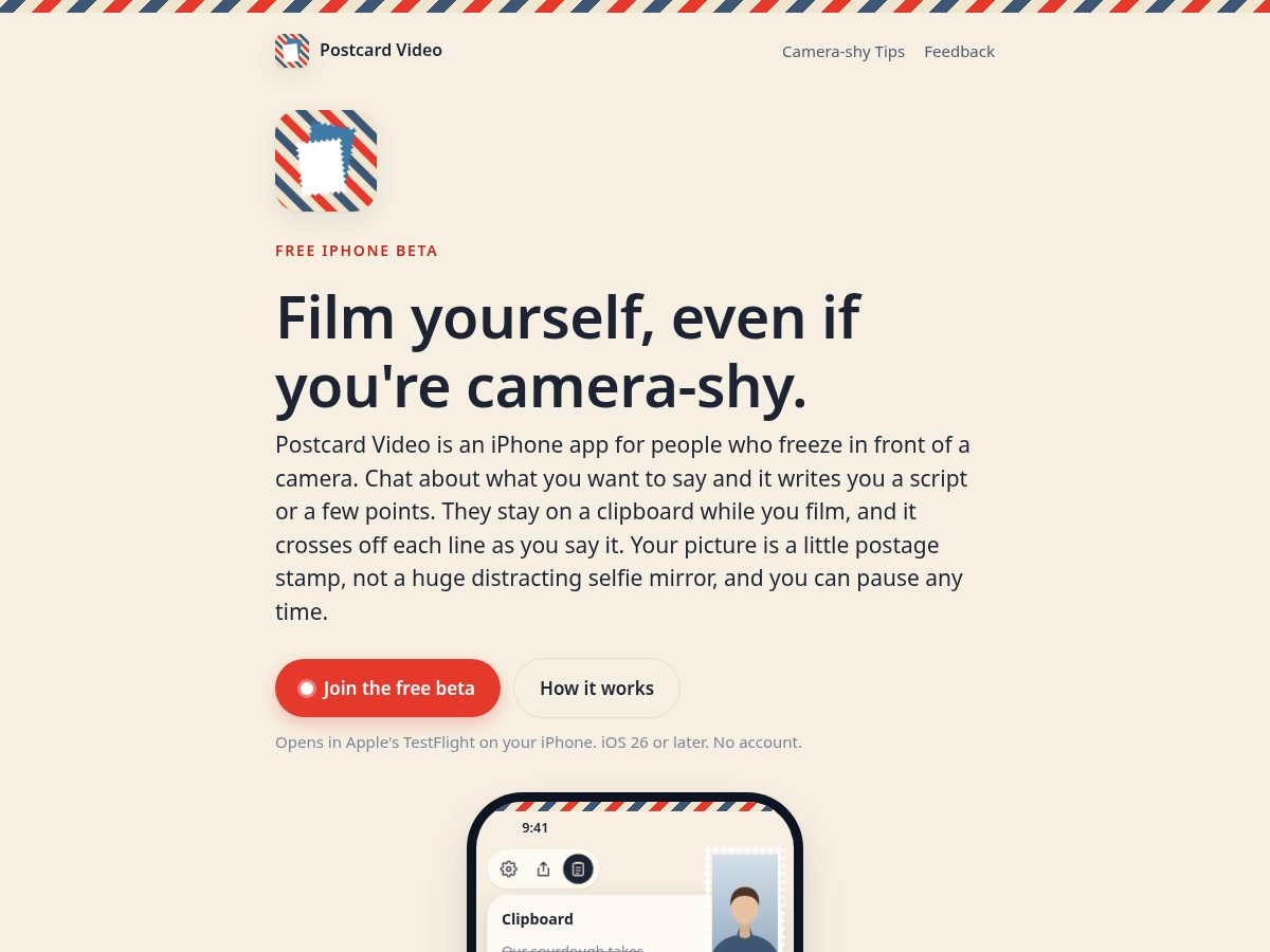 Landing-page snapshot of postcardvideo.app