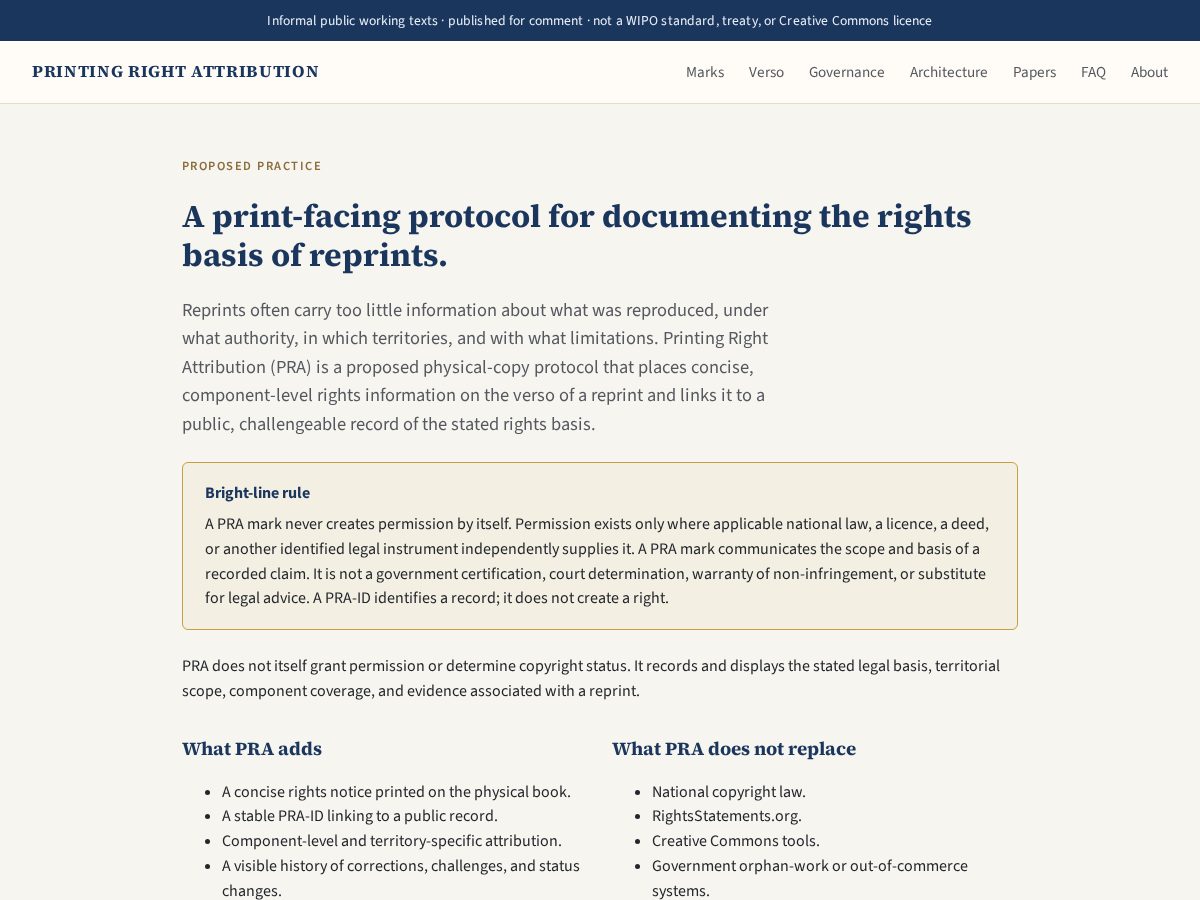 Landing-page snapshot of printingrightattribution.org