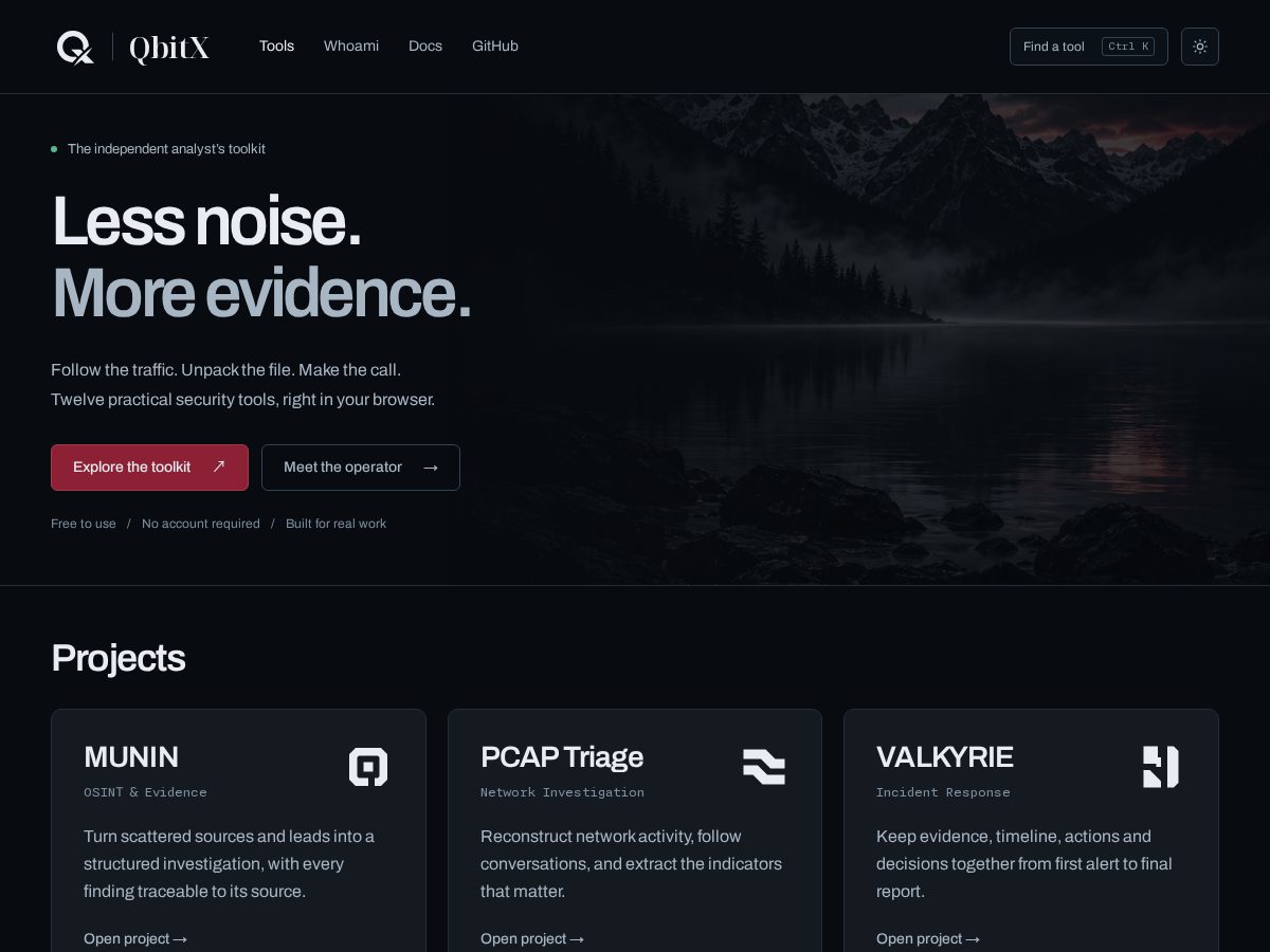 Landing-page snapshot of qbitx.dev