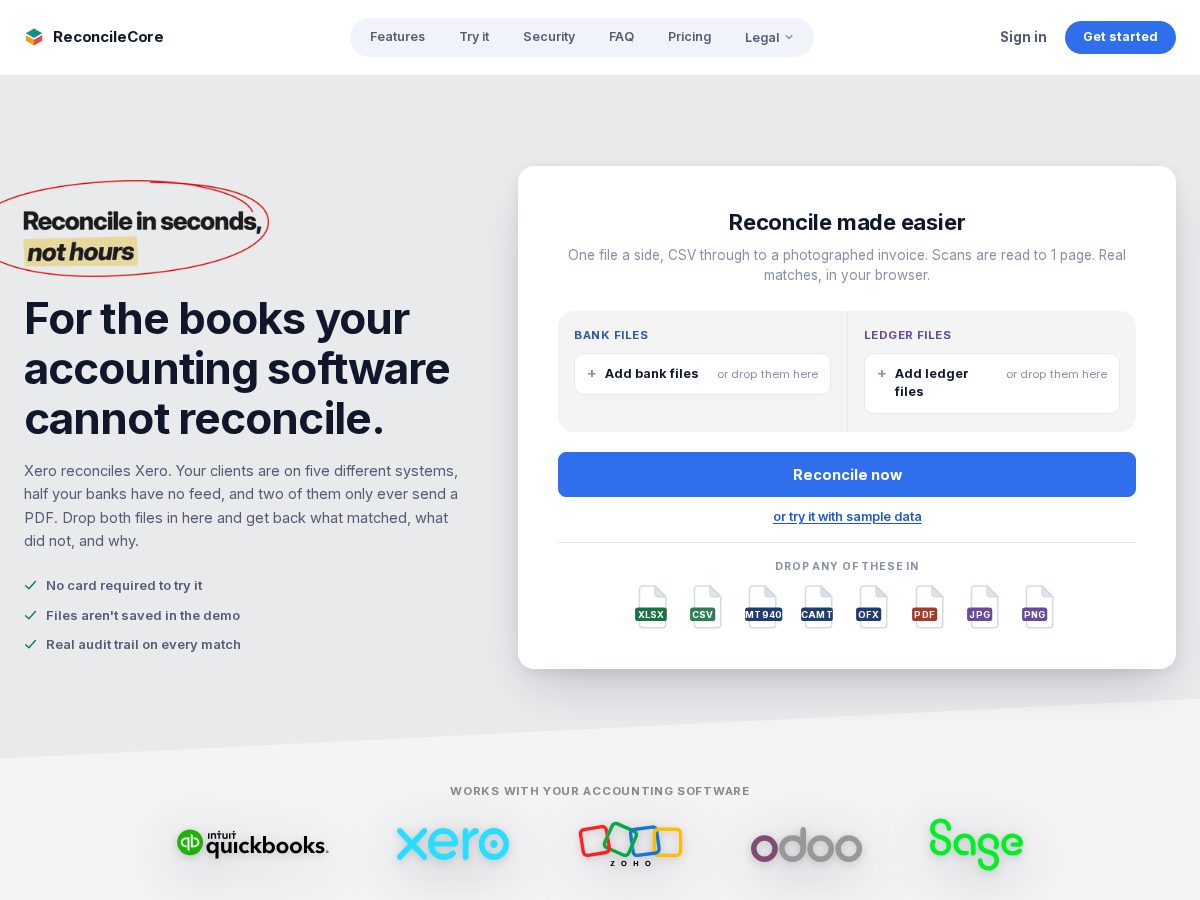 Landing-page snapshot of reconcilecore.com