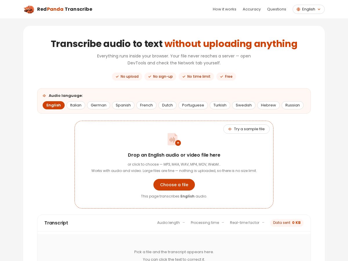 Landing-page snapshot of redpandatranscribe.com