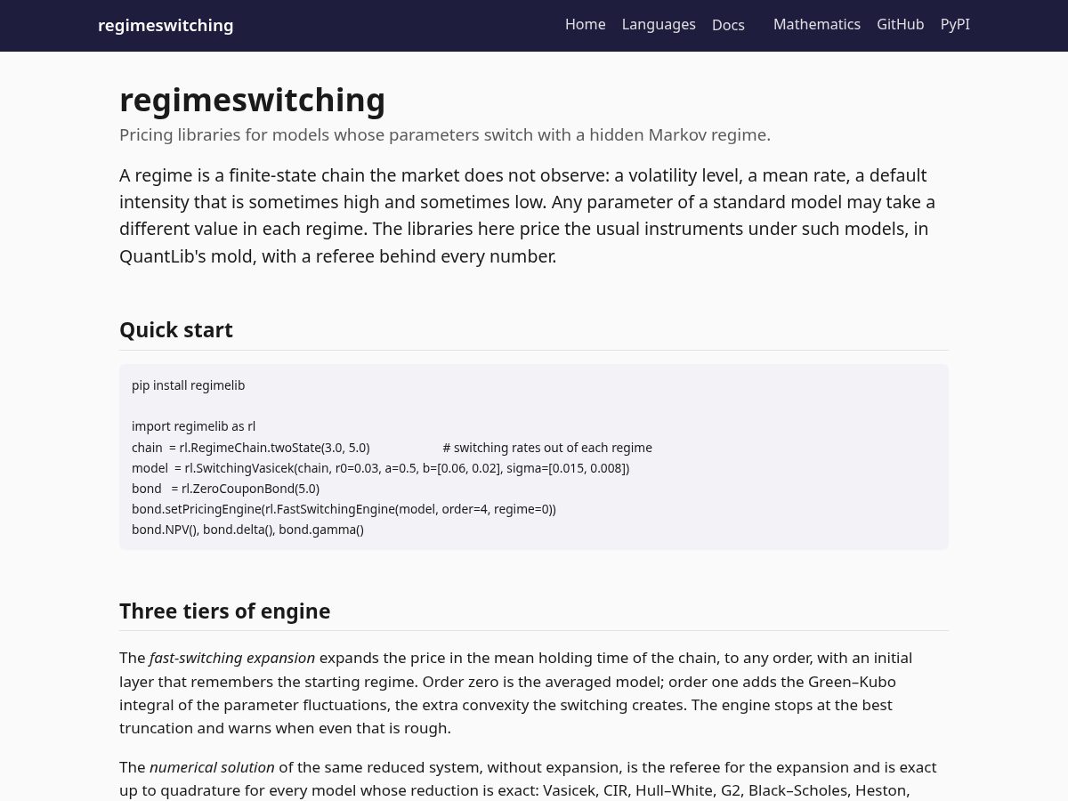 Landing-page snapshot of regimeswitching.org