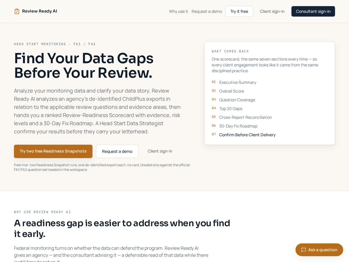 Landing-page snapshot of reviewreadyai.com