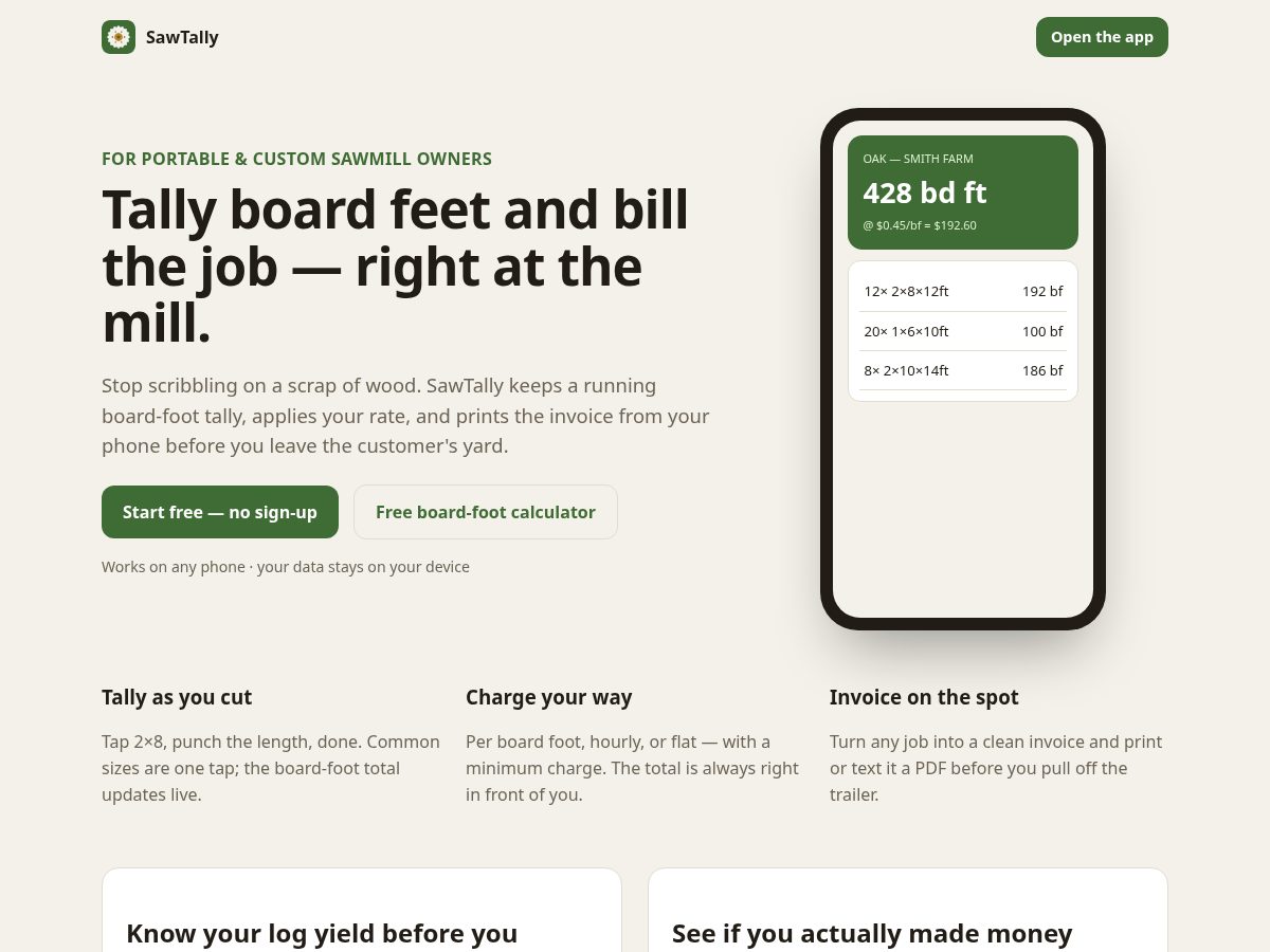 Landing-page snapshot of sawtally.com