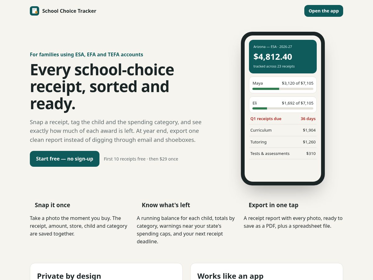 Landing-page snapshot of schoolchoicetracker.com