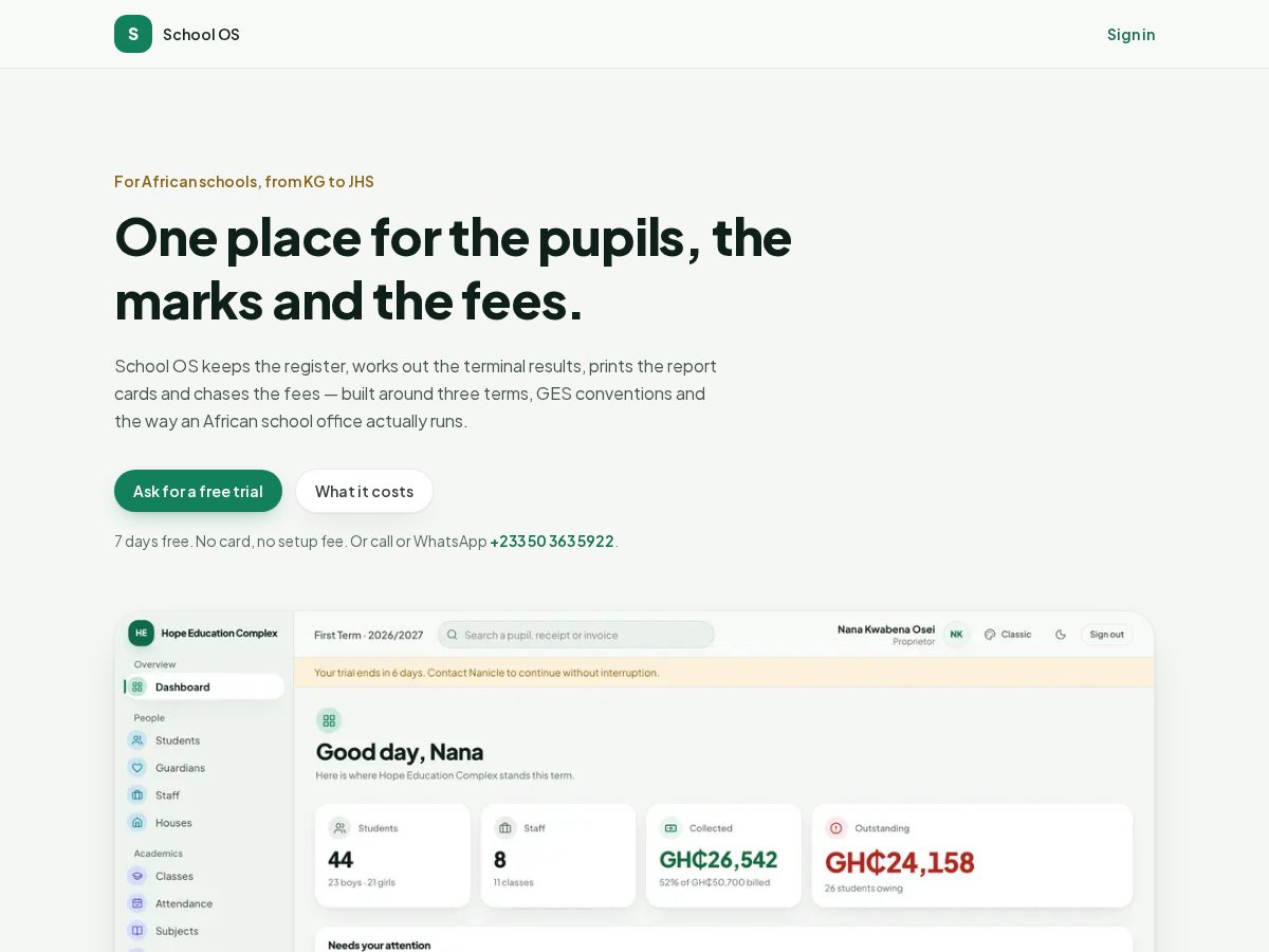 Landing-page snapshot of schoolosafrica.com