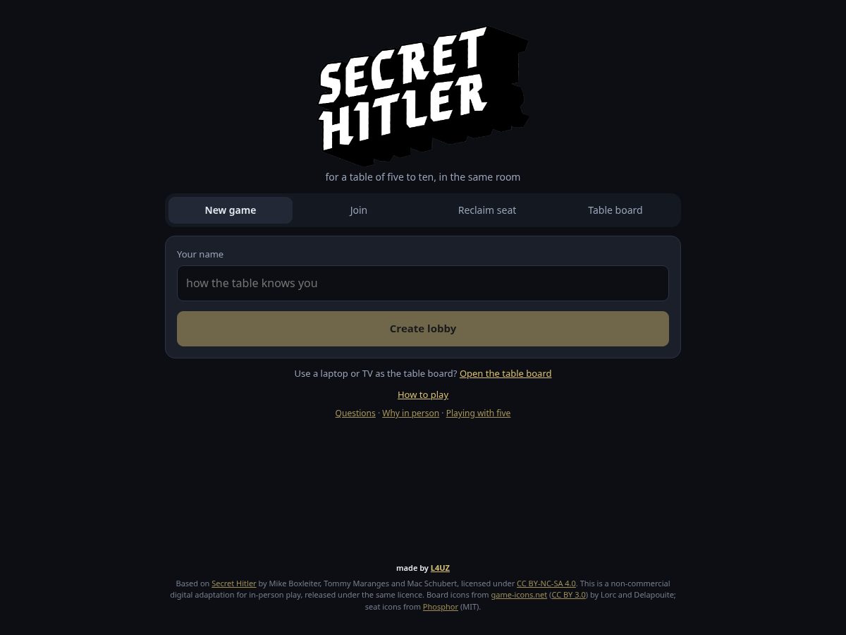 Landing-page snapshot of secret-hitler.app