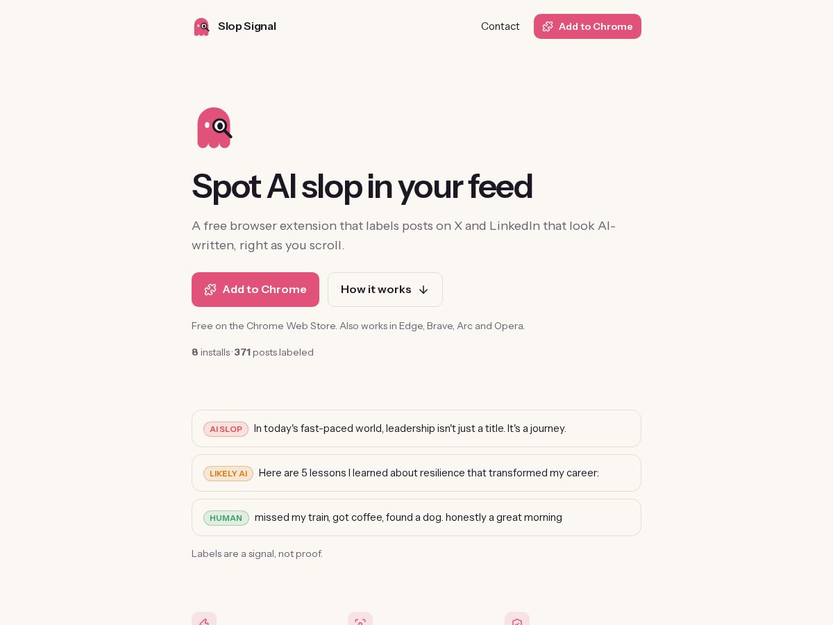 Landing-page snapshot of slopsignal.dev