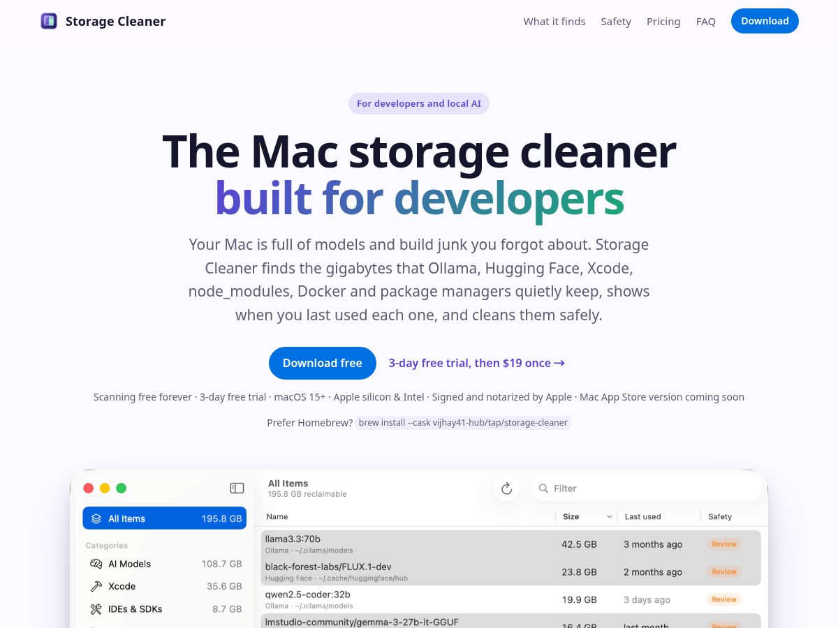 Landing-page snapshot of storagecleaner.dev