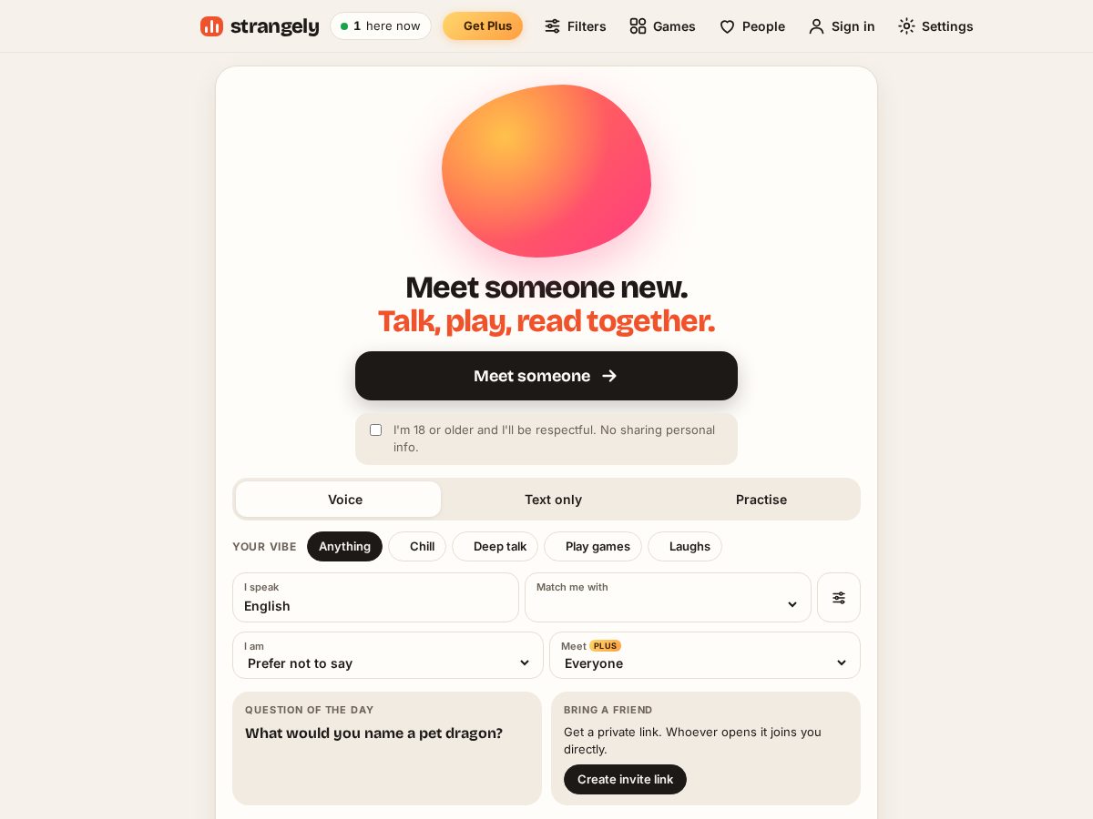 Landing-page snapshot of strangely.live