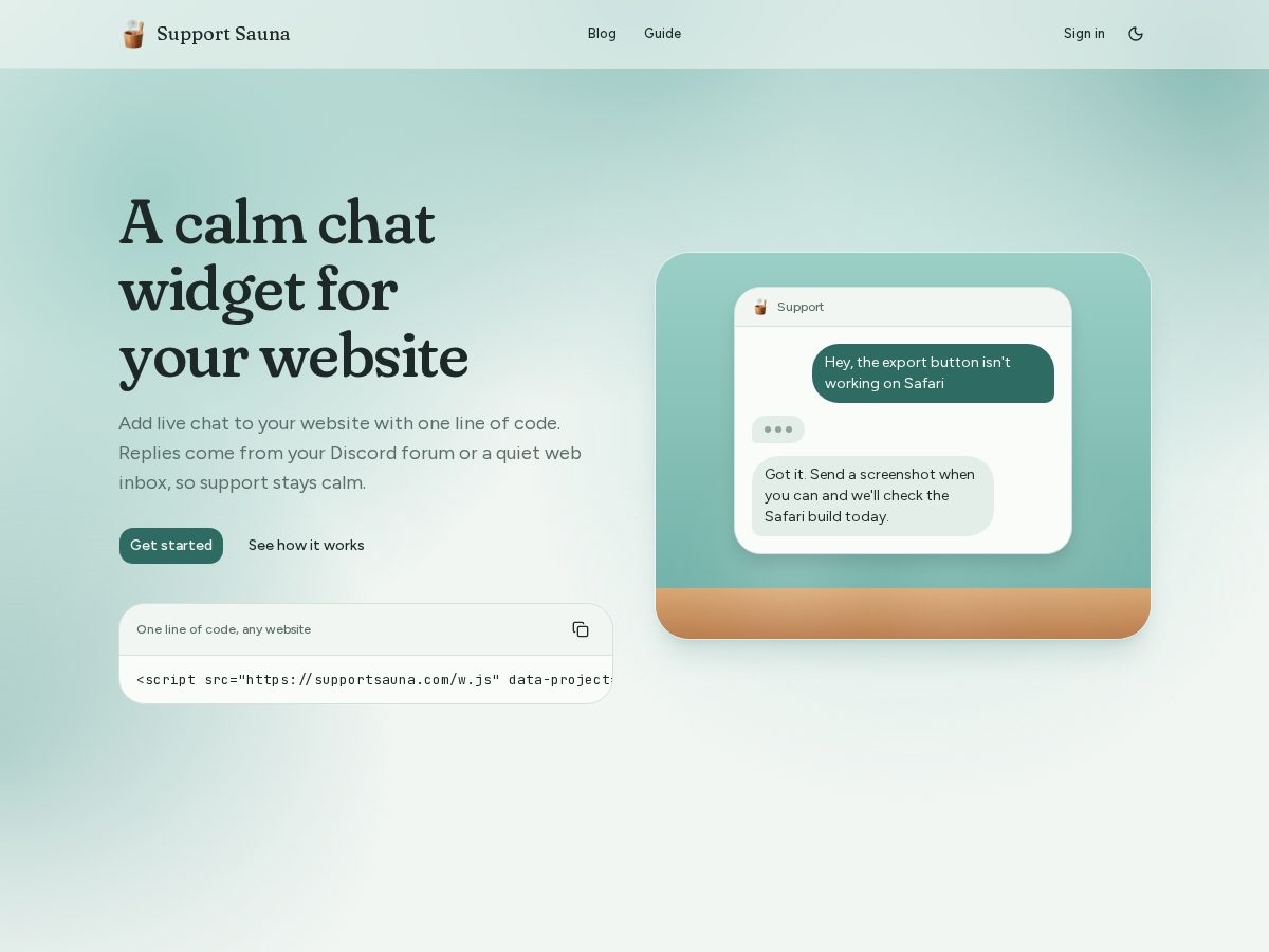 Landing-page snapshot of supportsauna.com