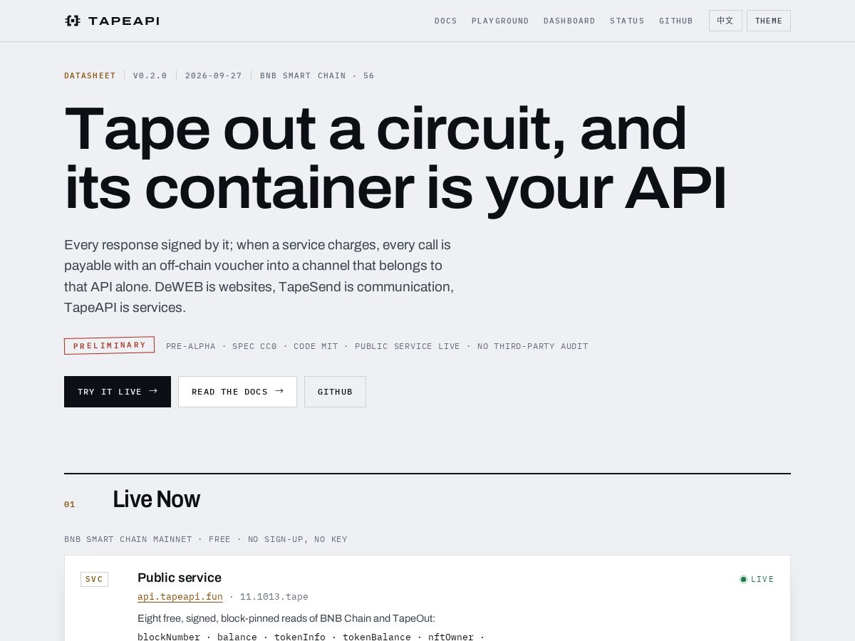 Landing-page snapshot of tapeapi.fun