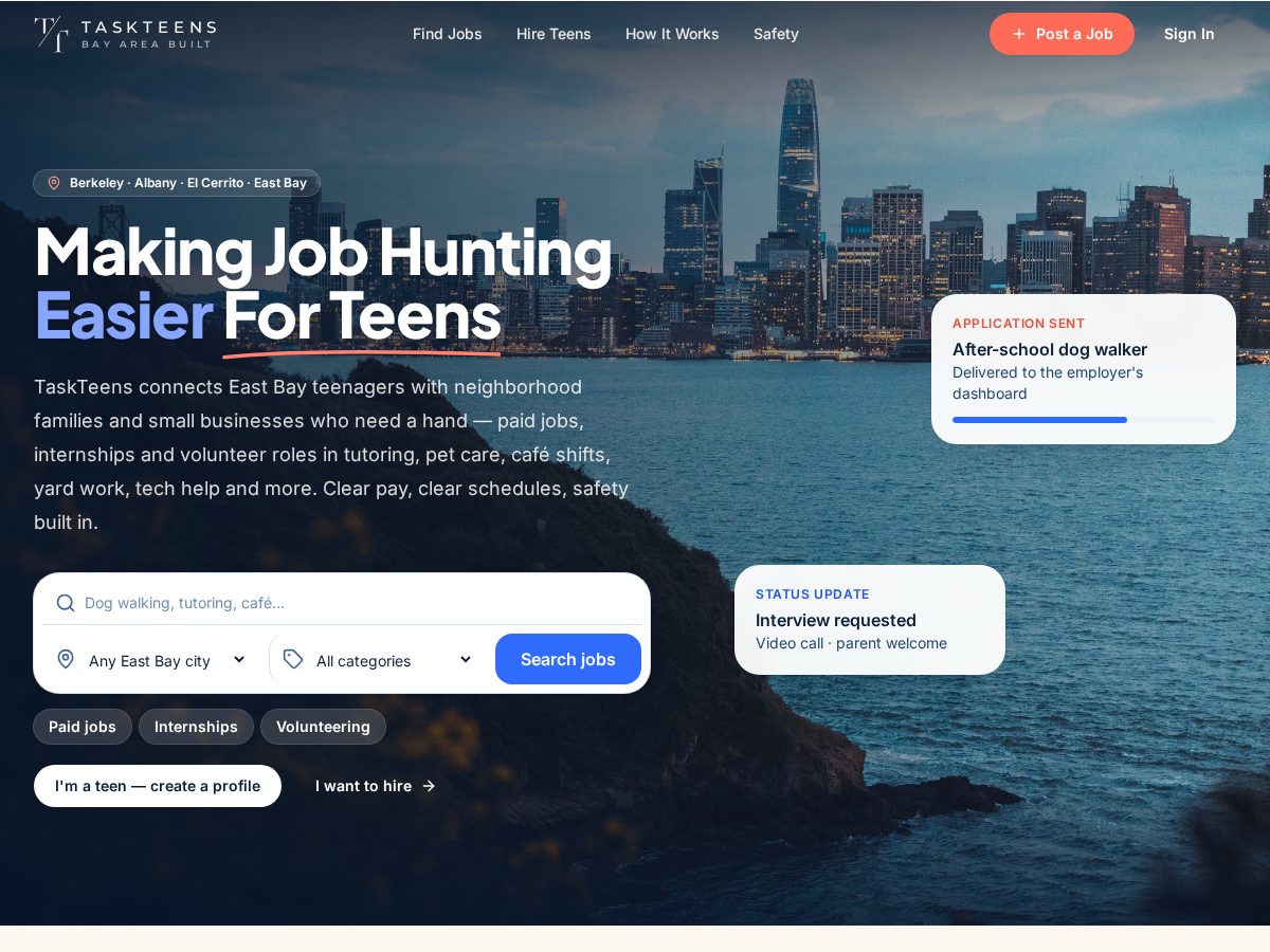 Landing-page snapshot of taskteens.com