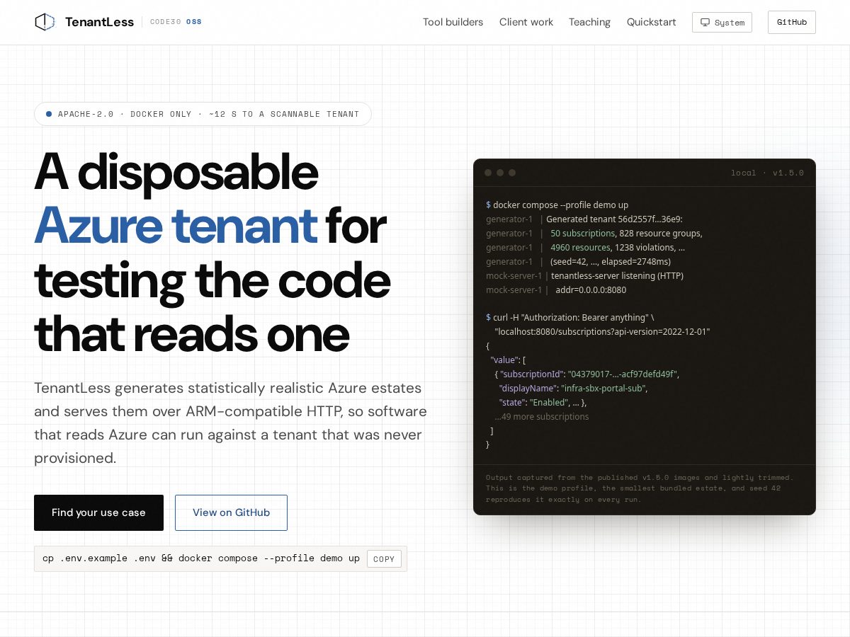 Landing-page snapshot of tenantless.dev