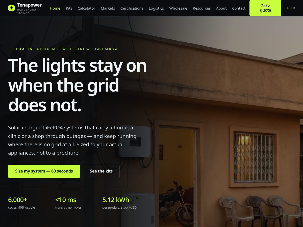 Landing-page snapshot of tenapower.com