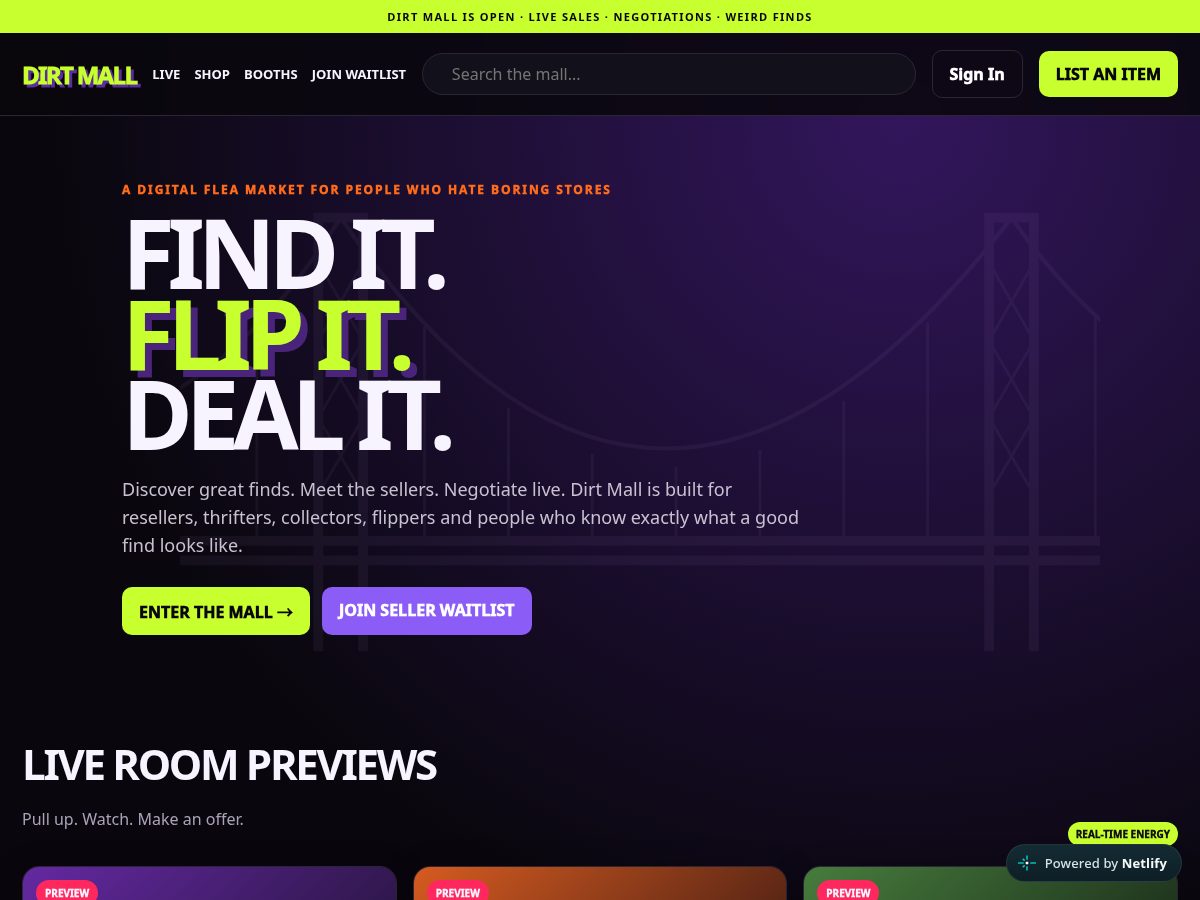 Landing-page snapshot of thedirtmall.com