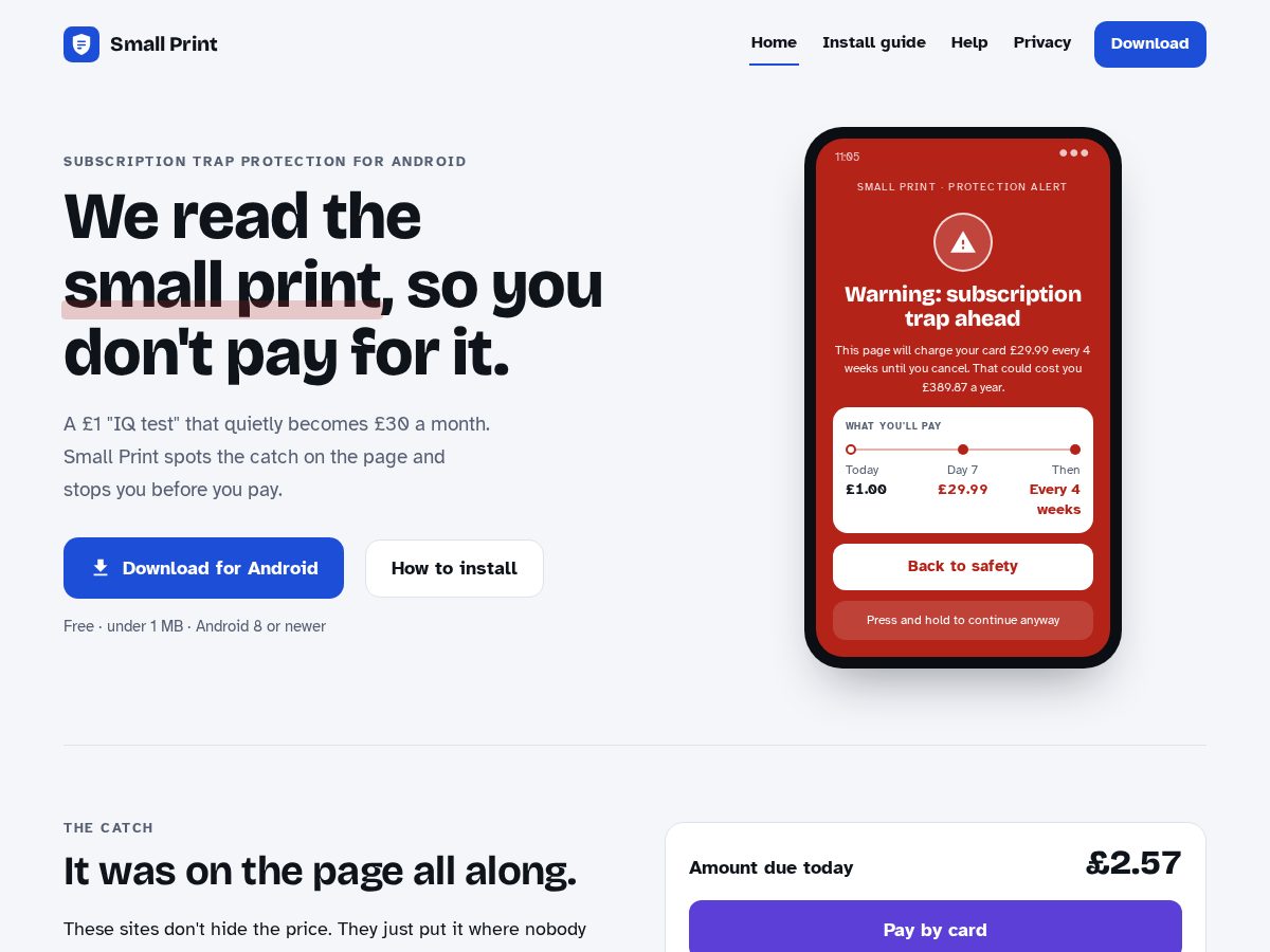 Landing-page snapshot of thesmallprint.app