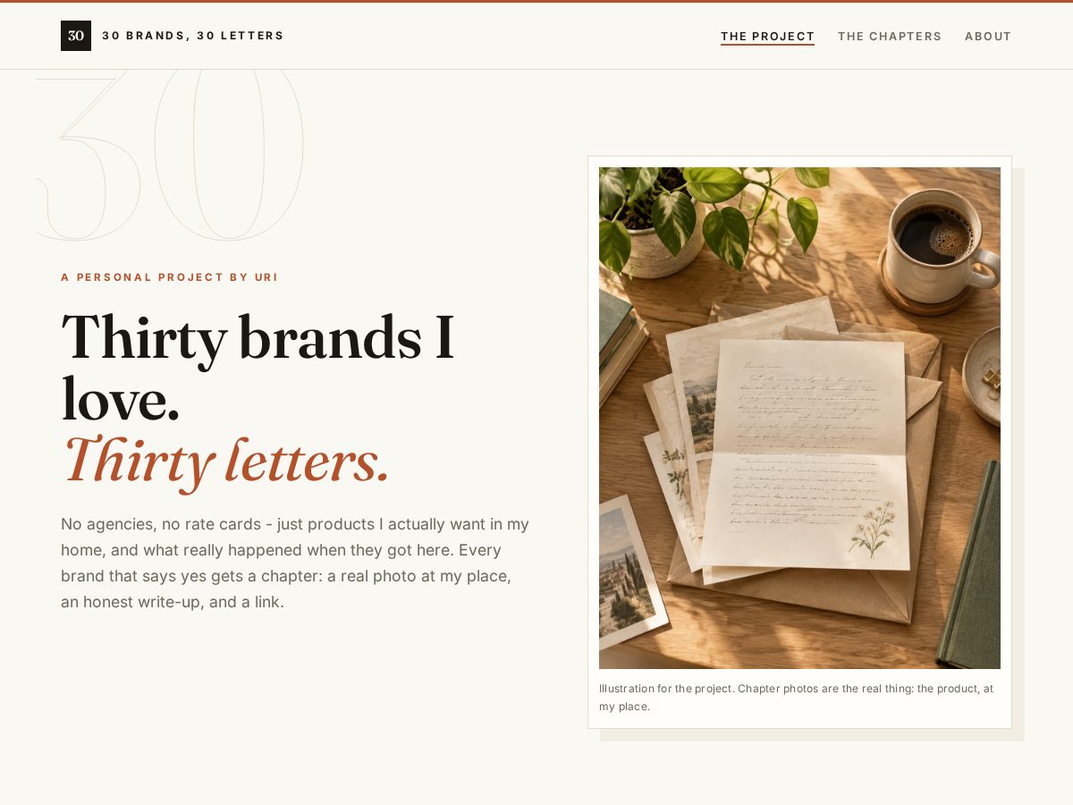 Landing-page snapshot of thirtyletters.com