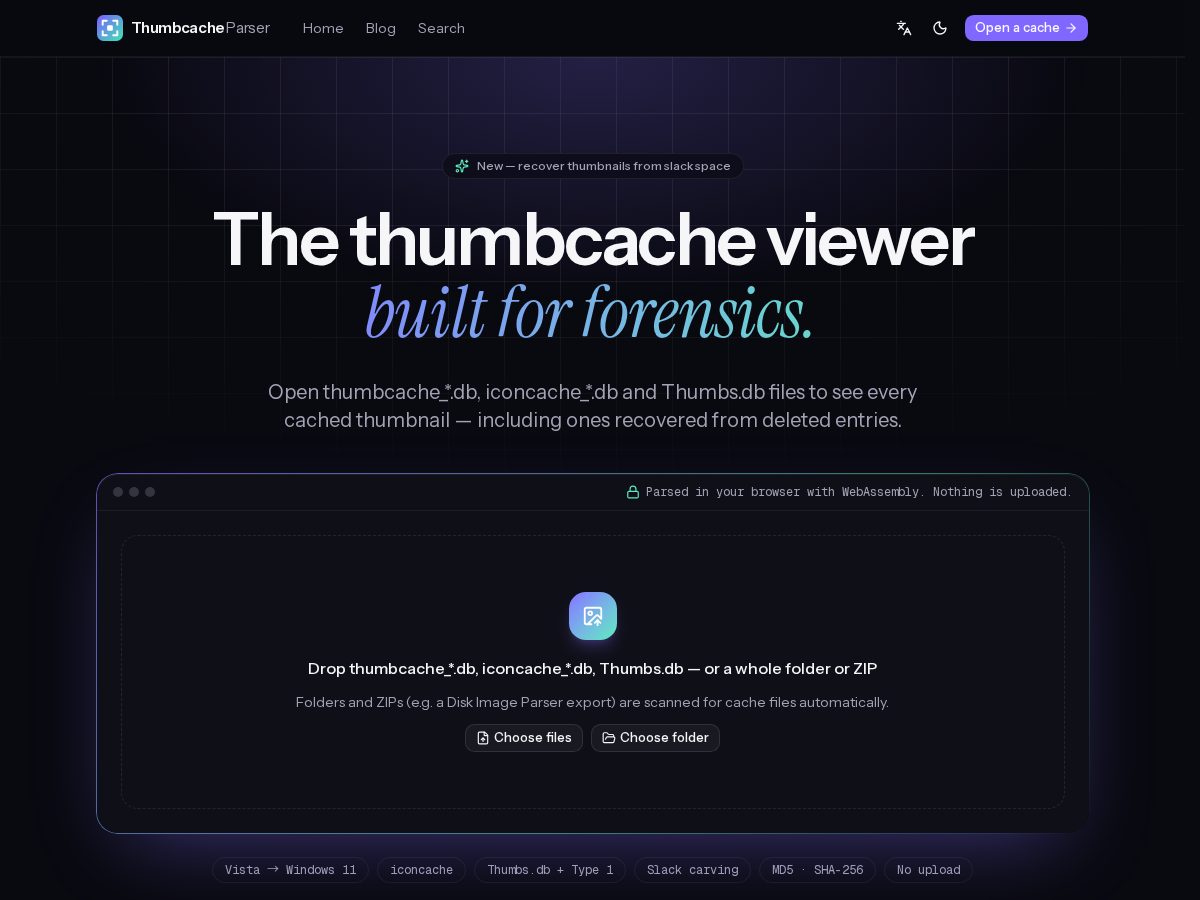 Landing-page snapshot of thumbcacheparser.com