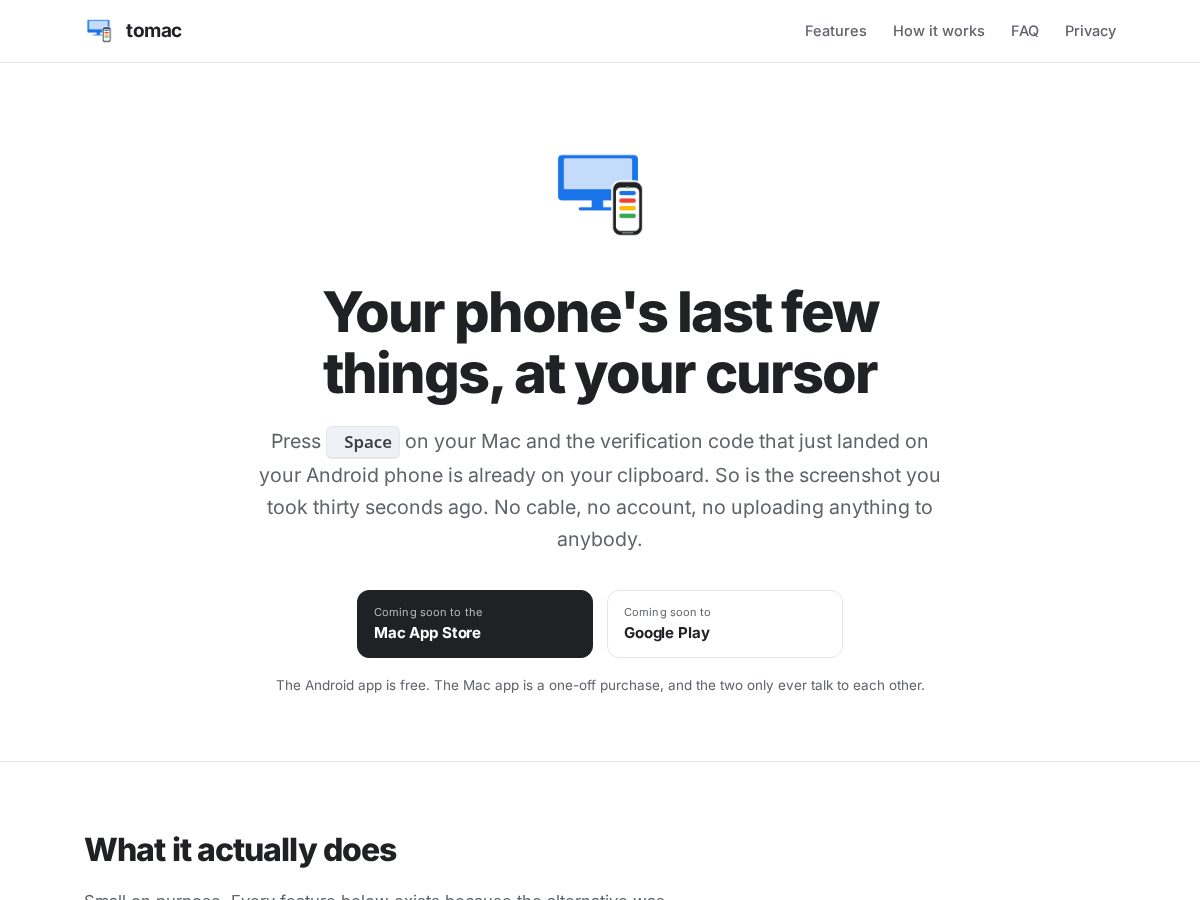 Landing-page snapshot of tomac.app