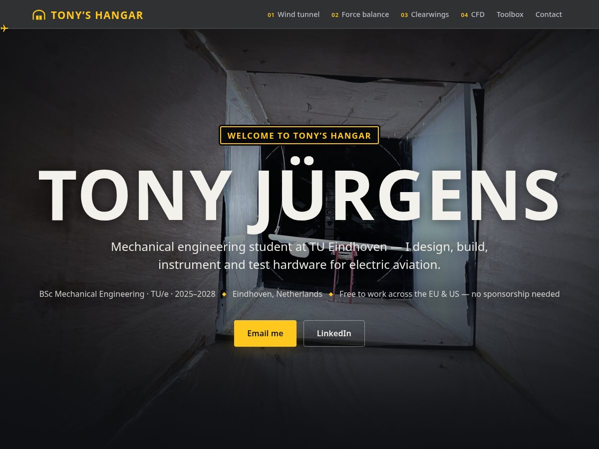Landing-page snapshot of tonyshangar.com