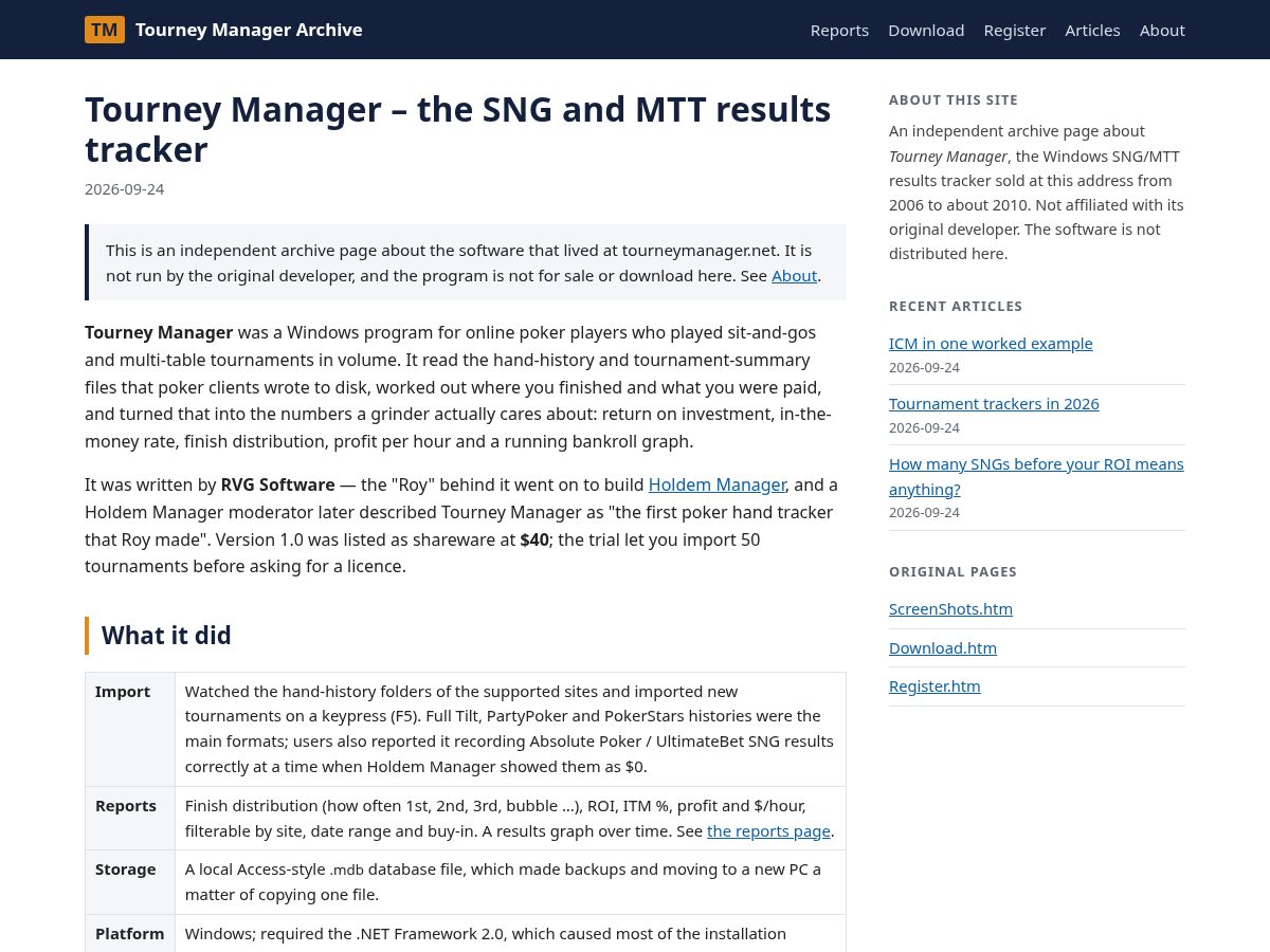Landing-page snapshot of tourneymanager.net