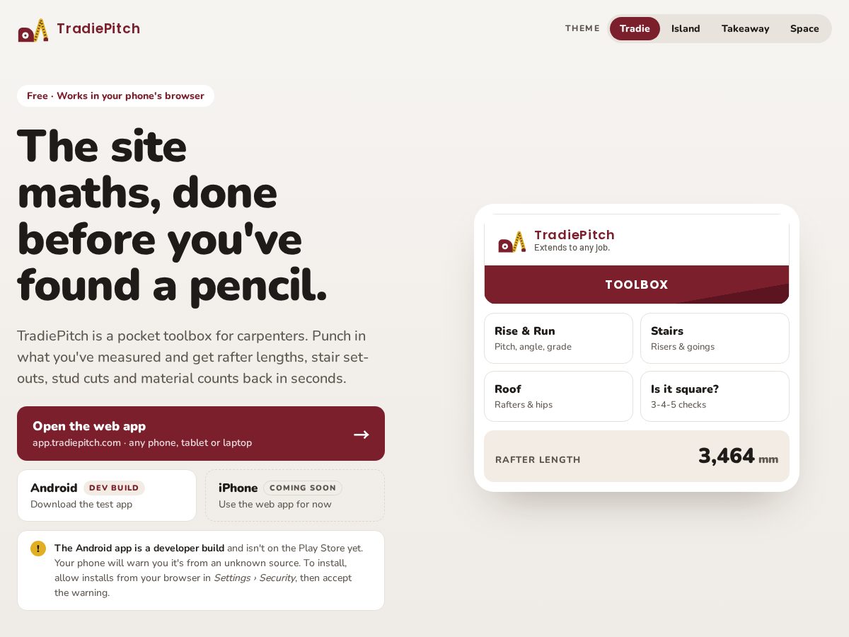 Landing-page snapshot of tradiepitch.com
