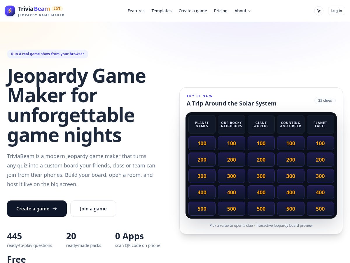 Landing-page snapshot of triviabeam.com