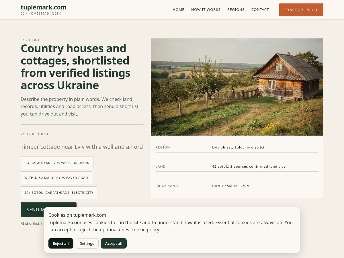 Landing-page snapshot of tuplemark.com