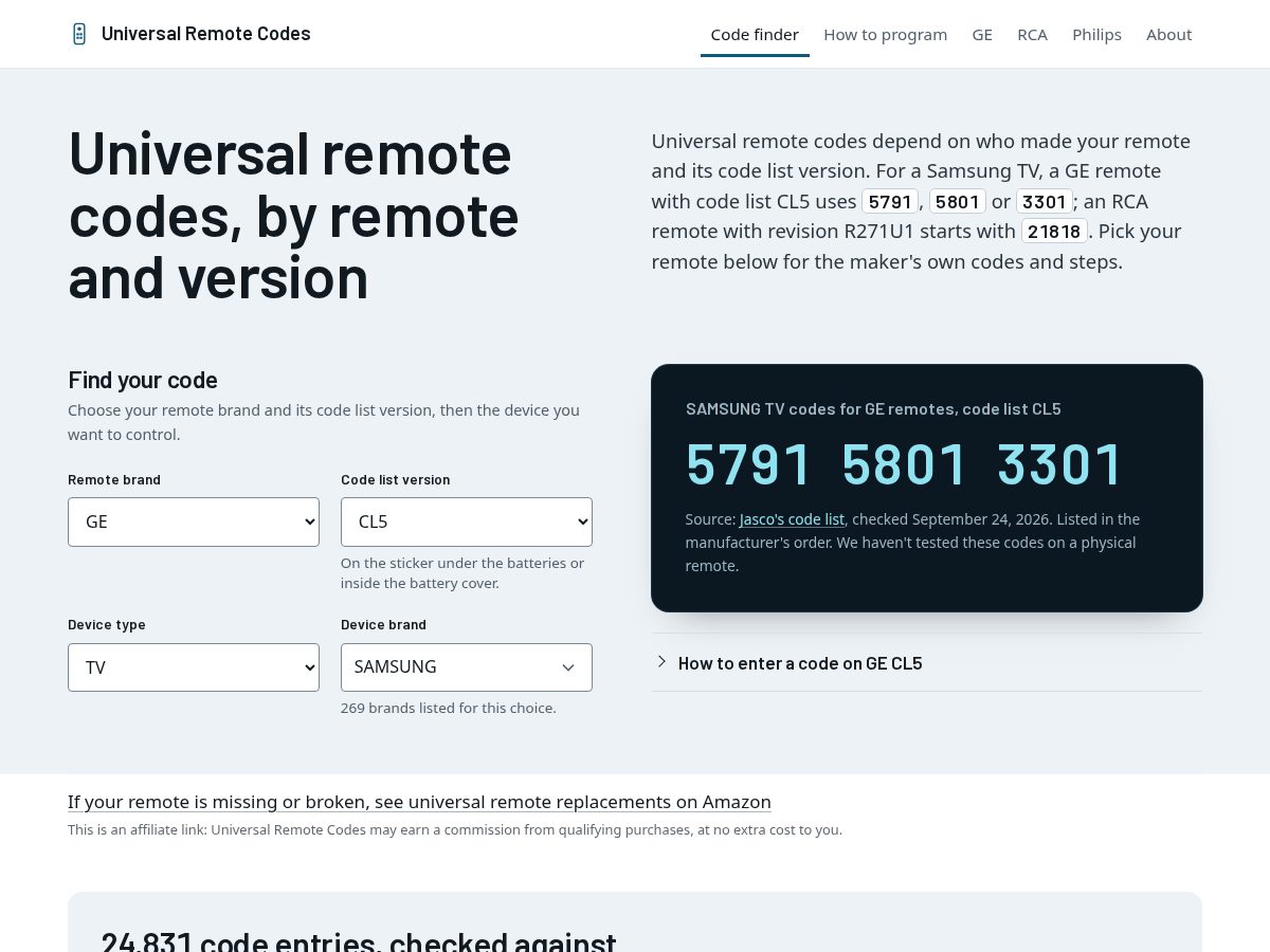 Landing-page snapshot of universalremotecodes.net