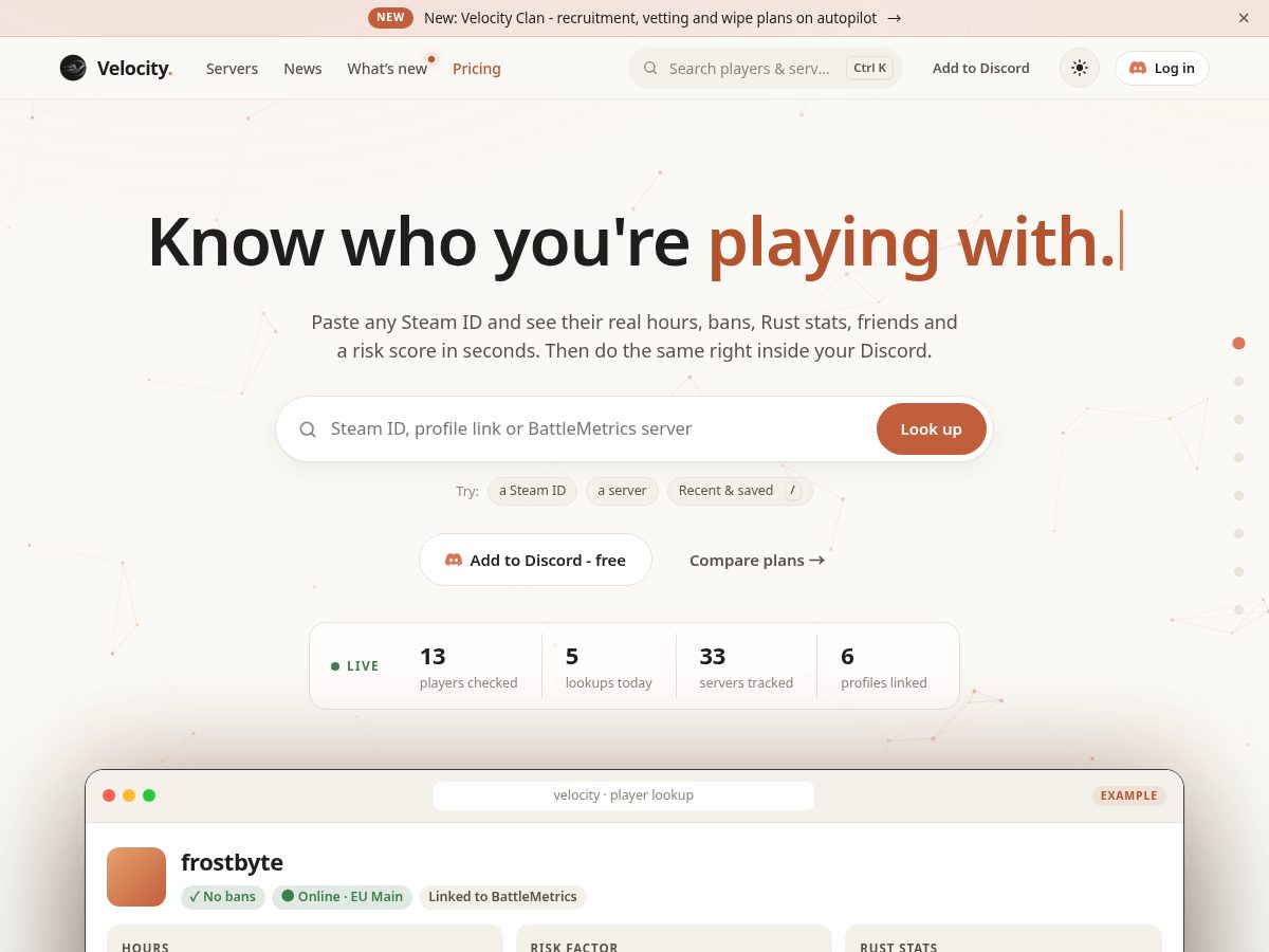 Landing-page snapshot of velocityrust.xyz