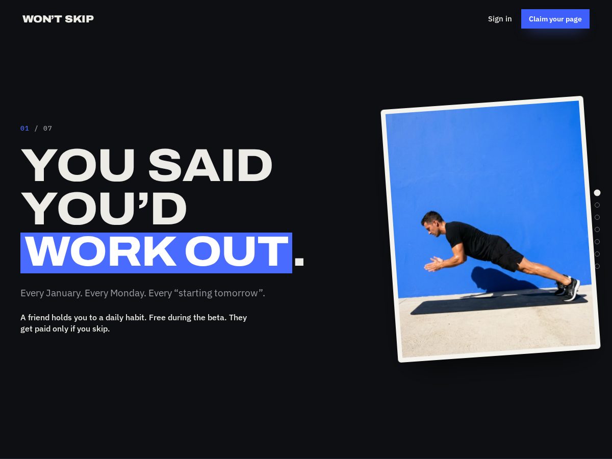 Landing-page snapshot of wontskip.com