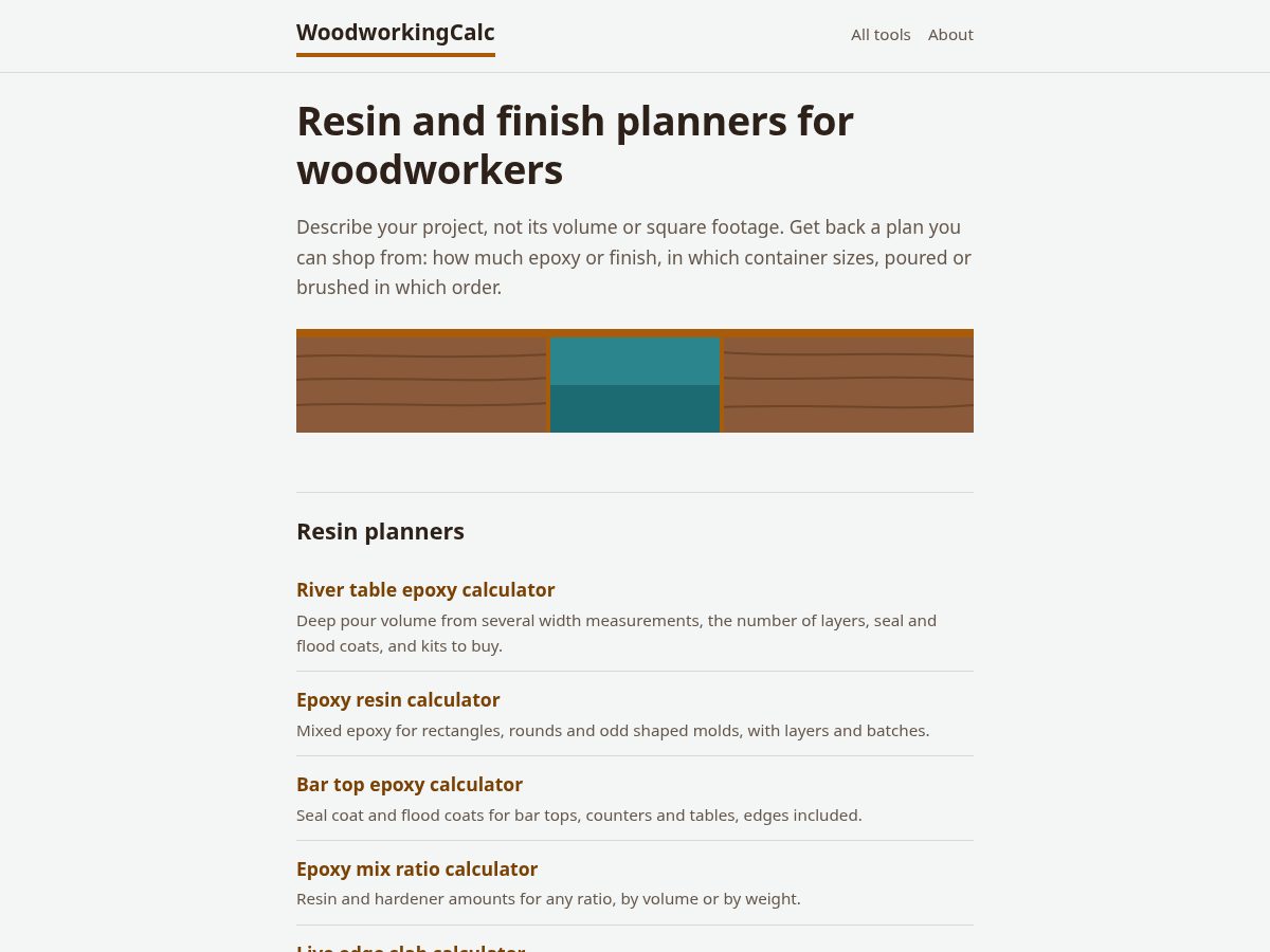 Landing-page snapshot of woodworkingcalc.com