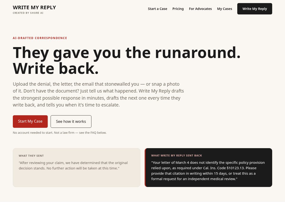 Landing-page snapshot of writemyreply.com