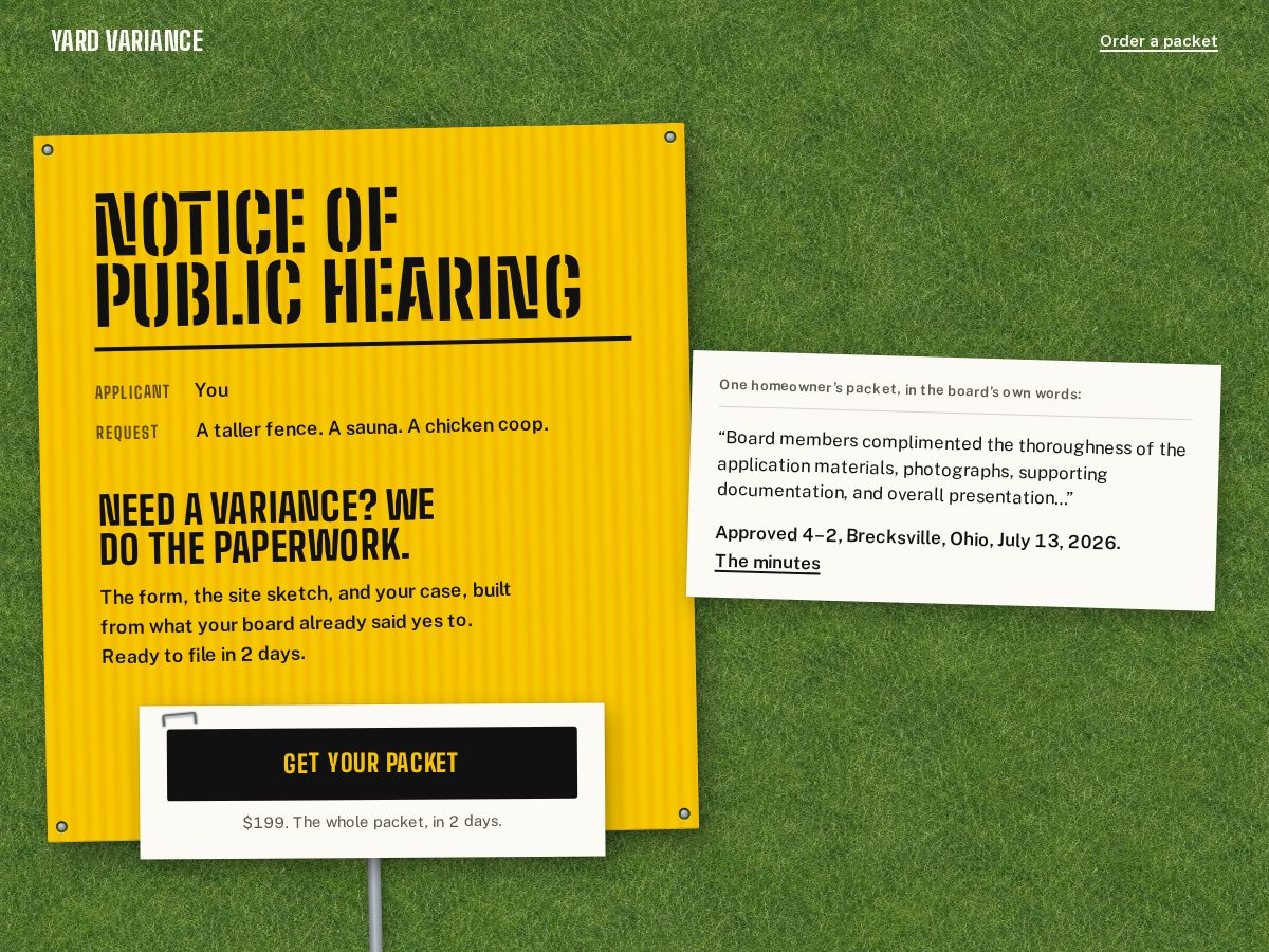 Landing-page snapshot of yardvariance.com
