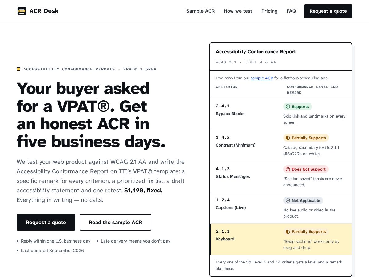 Landing-page snapshot of acrdesk.com