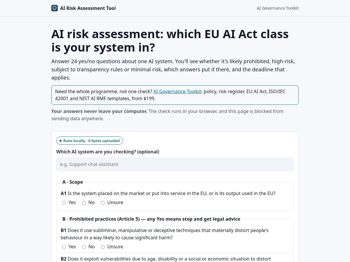 Landing-page snapshot of airiskreviewtool.com