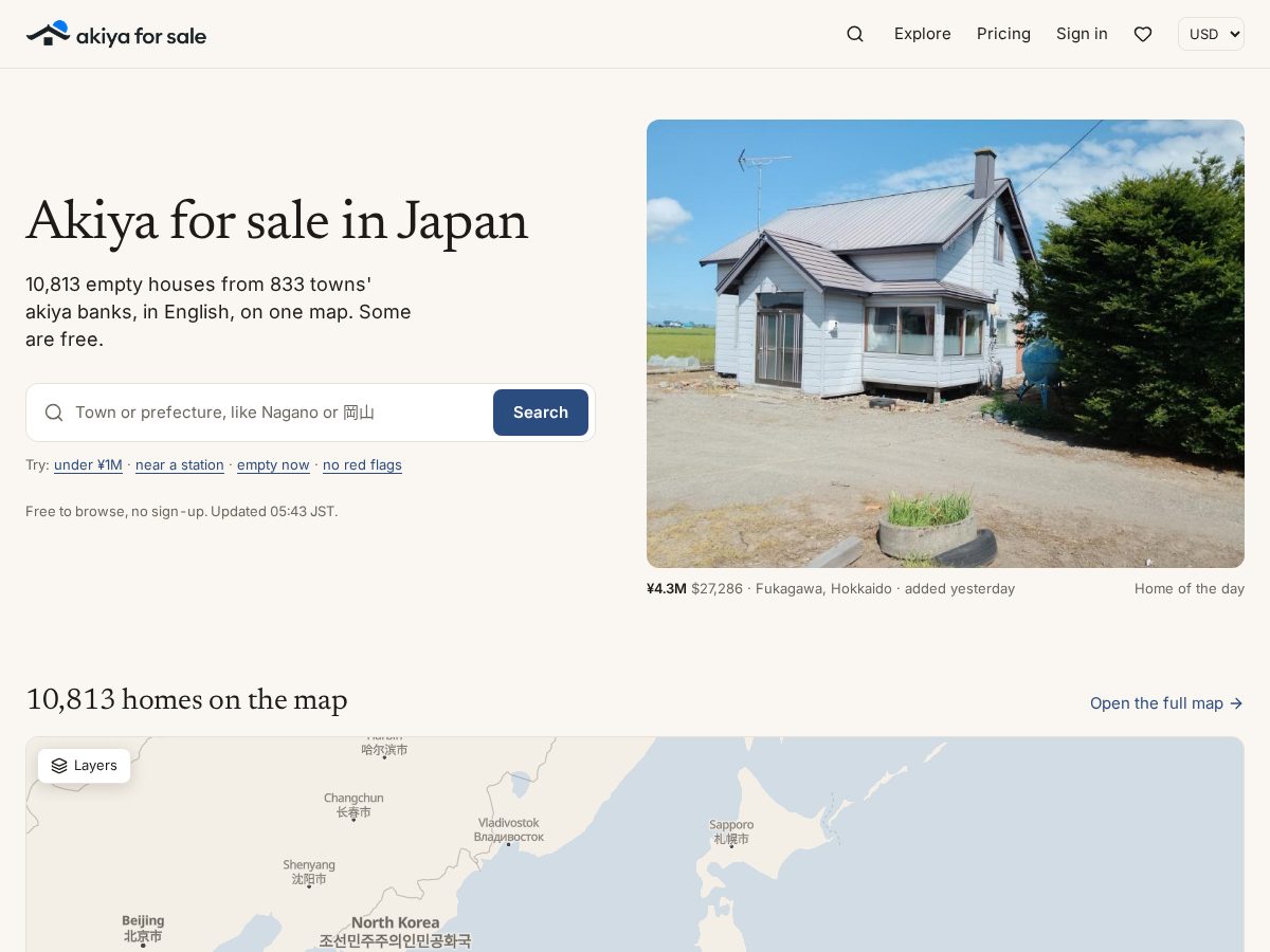 Landing-page snapshot of akiyaforsale.com