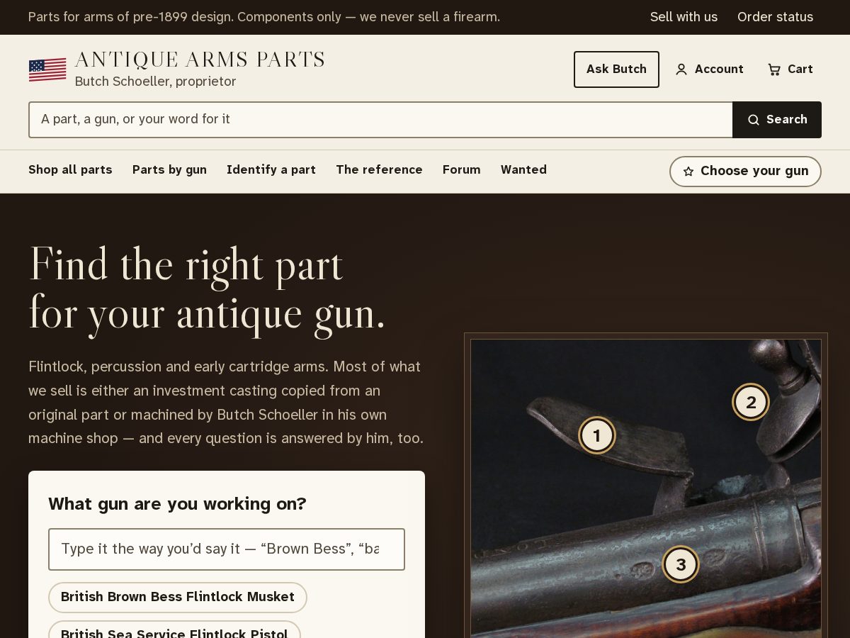 Landing-page snapshot of antiquearmsparts.com