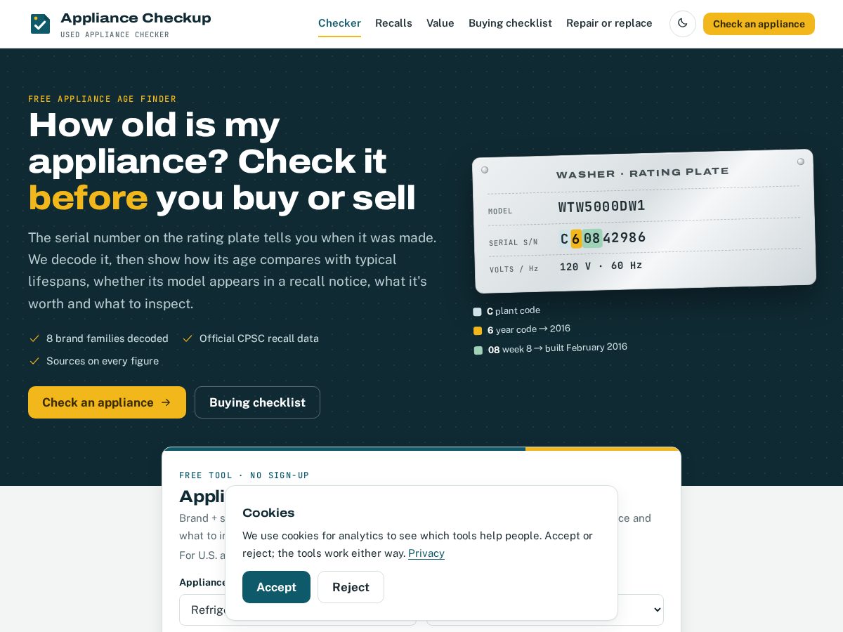 Landing-page snapshot of appliancecheckup.com